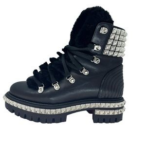CHRISTIAN LOUBOUTIN 37.5 Calfskin Studded Shearling Yeti Donna Boots Black 7.5